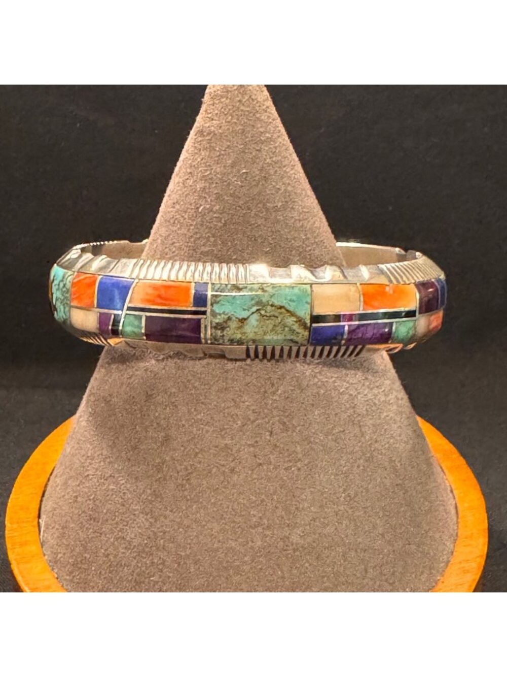 Solid Sterling Silver 925 Zuni Turquoise Inlay Cuff Bracelet Size 7.5" Fit
